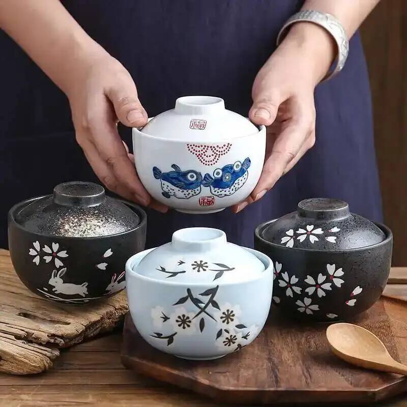Matcha Bowl Chawan - ふた付き日本のセラミック鍋、蒸し卵スープボウル、蒸しカップ、スロークッカー、ホームレストラン食器、4.25インチ