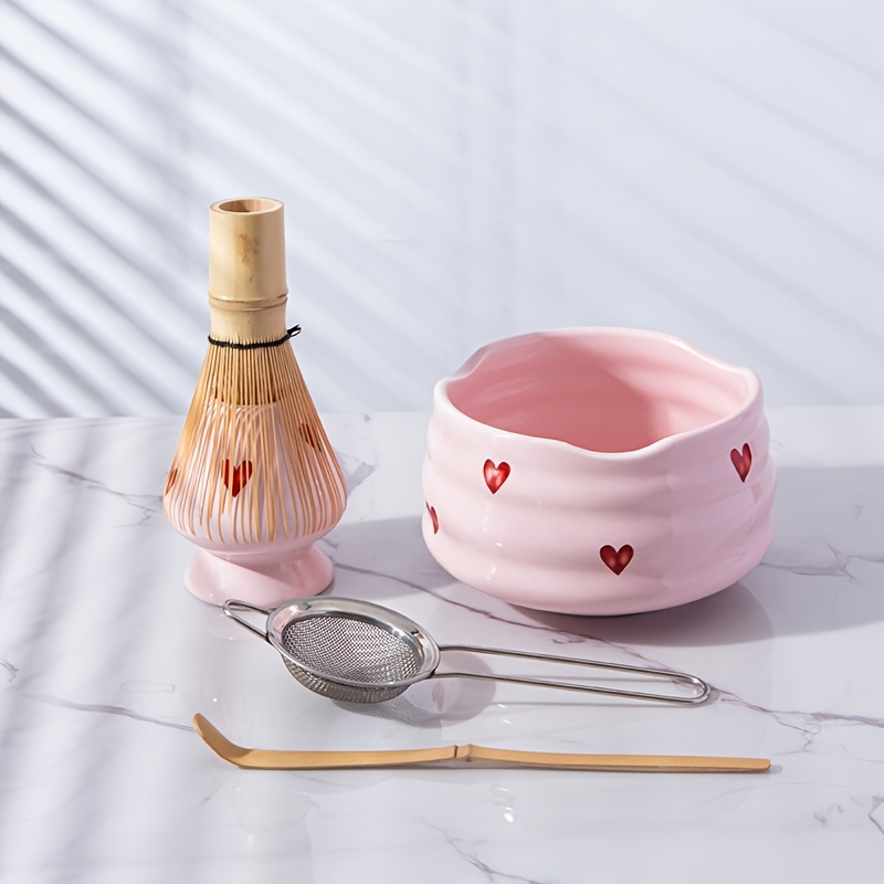 ピンクハートデカールセラミック抹茶セット5個、かわいい抹茶セ - Matcha Bowl Chawan のレビューと価格