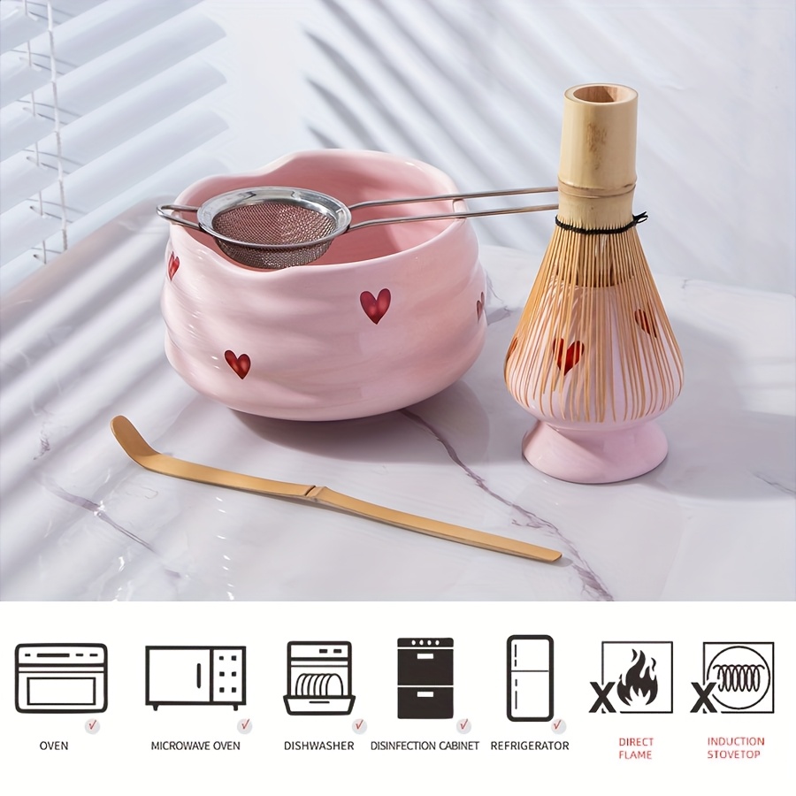 ピンクハートデカールセラミック抹茶セット5個、かわいい抹茶セ - Matcha Bowl Chawan のレビューと価格